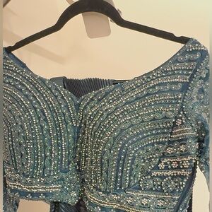 Embellished Teal Blue Women's Saree Blouse - Designer Style